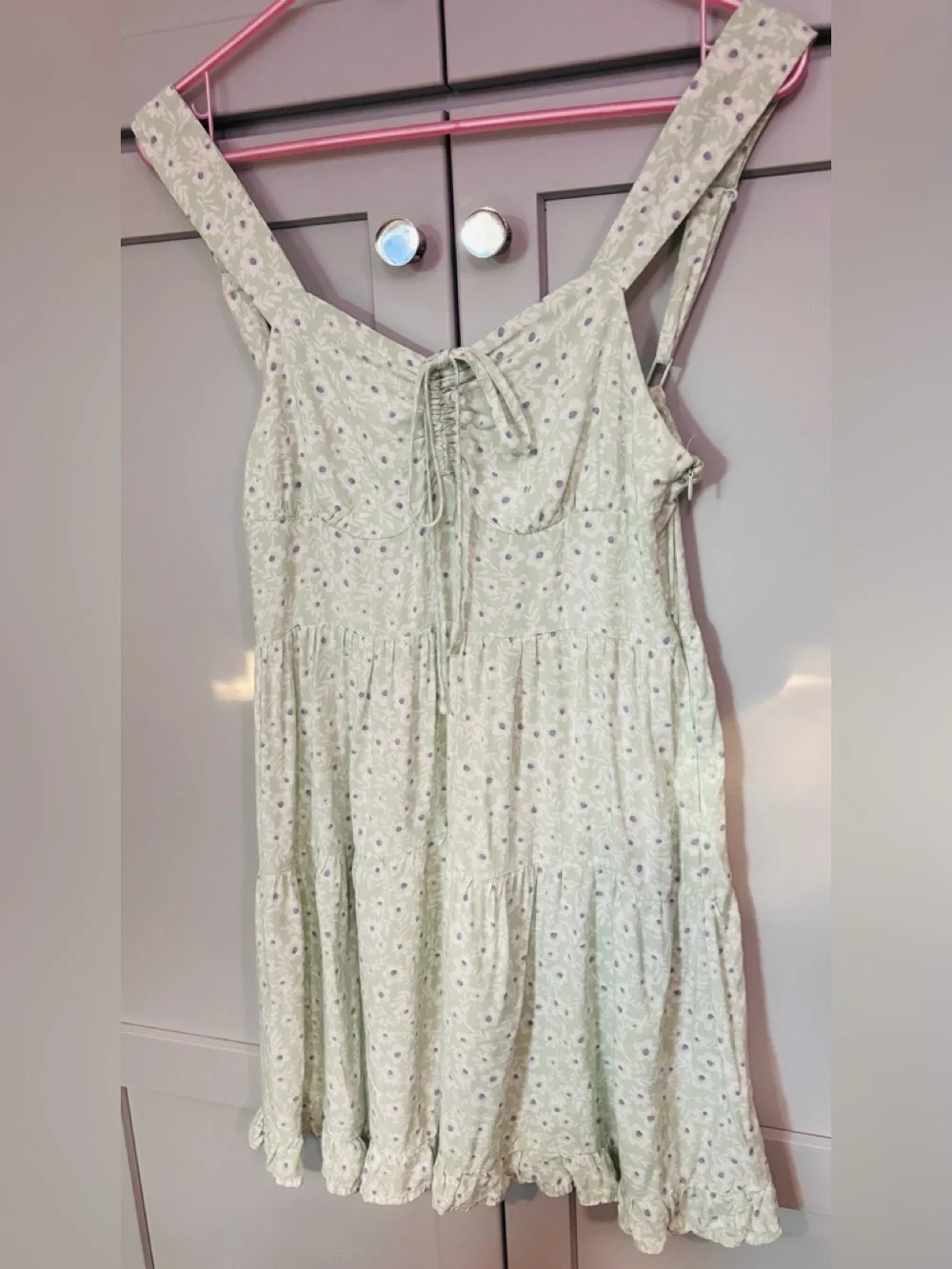 Cotton:On Floral Tiered Mini Dress Sage Green Floral Print Tie Front Size S